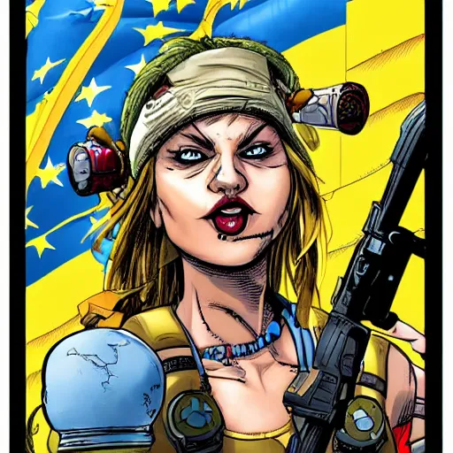 Image similar to tank girl comic, ultra detailed face, ukrainan flag, by alessandra vitelli