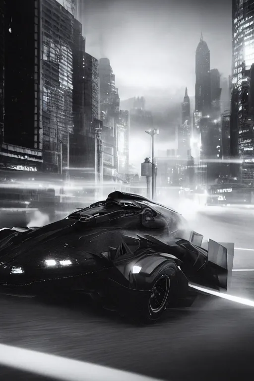 Image similar to the batmobile driving through gotham city at night. fluorescent light. pov from behind the wheel. octane render. 8 k. monochrome. black and white. mist. atmospheric. cinematic. imagined by laurie greasley.