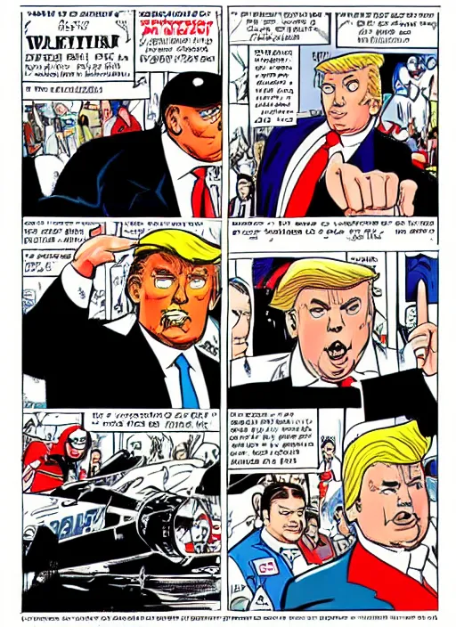 Image similar to a full page panel drawn by bill watterspn depicting trump and spaceman spiff