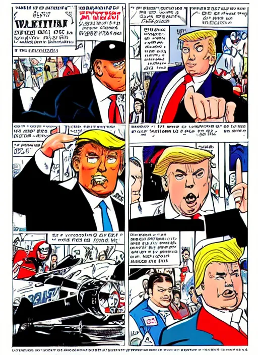 Prompt: a full page panel drawn by bill watterspn depicting trump and spaceman spiff