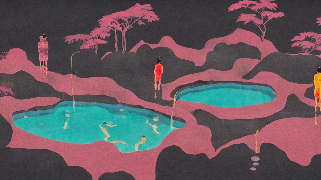 Prompt: japan natural hot spring, a collage painting, in the style of wes anderson, lola dupre, david hockney, isolated on negative space background dark monochrome neon spraypaint accents volumetric octane render