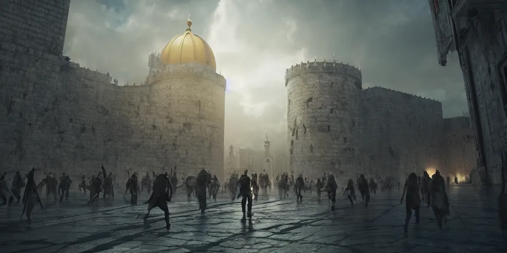 Image similar to jerusale, people walking, action scene, an epic fantasy, dramatic lighting, cinematic, establishing shot, extremely high detail, photorealistic, cinematic lighting, artstation, octane render, by christopher nolan, horizon forbidden west