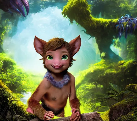 Prompt: epic fantasy comic book style portrait painting of an extremely cute and adorable very curious junglepunk feral halfling na'vi from avatar, character design by mark ryden and pixar and hayao miyazaki, unreal 5, daz, hyperrealistic, octane render, cosplay, rpg portrait, dynamic lighting, intricate detail, summer vibrancy, cinematic