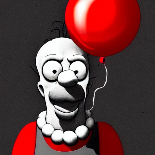 Image similar to surrealism grunge cartoon portrait sketch of homer simpson with a wide smile and a red balloon by - michael karcz, loony toons style, pennywise style, horror theme, detailed, elegant, intricate