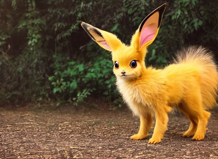 Image similar to real life pokemon eevee, adorable, fluffly, ultra realistic, golden hour, sharp focus