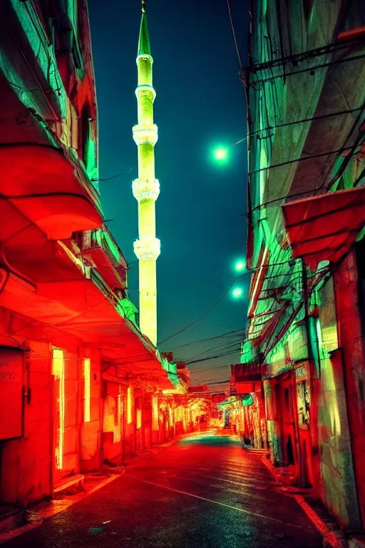 Image similar to neon streets of istanbul mosque, 4 k, award winning photo, cyberpunk style