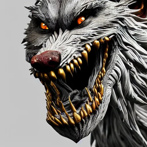 Image similar to photo taken of an epic intricate, ultra detailed, super realistic gritty, terrifying, lifelike bust sculpture of a werewolf creature design, created by weta workshop, zoomed in shots, photorealistic, sharp focus, white wall coloured workshop, cold colour temperture, f 0. 4, face centred
