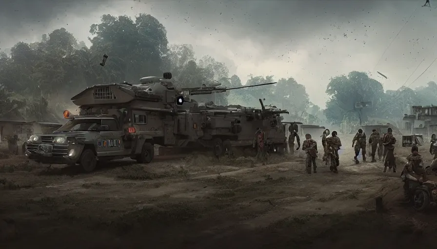 Image similar to a militarized police vehicle riding through a kerala village, troops searching the area, furious action scene, an epic fantasy, dramatic lighting, cinematic, establishing shot, extremely high detail, photorealistic, cinematic lighting, artstation, matte painting, octane render, by simon stalenhag, horizon forbidden west