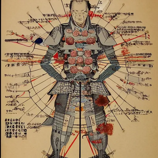 Image similar to a brilliantly colored Japanese scroll of an exploded diagram of a detailed engineering schematic of a cyborg samurai made by an AI in the pose vitruvian man in the style of jean giraud , post-processing , award winning, photo realistic, aged blood stains