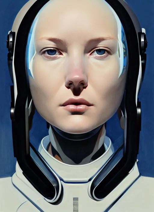 Image similar to artwork by james jean and Phil noto; a close up on the face of a beautiful woman that in a future space suit; wearing futuristic astronaut helmet; highly detailed; pretty eyes; circular black pupils; artwork by james jean and Phil noto