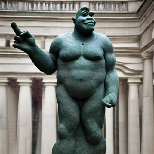 Prompt: A monumental, 10 feet tall marble sculpture of Shrek standing, in the middle of a rainy courtyard, natural overcast lighting, museum catalog photography, F 2.8, 85mm Velvia 100, high DOF