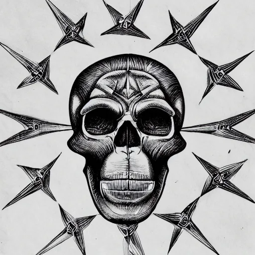 Image similar to a humanoid chimp skull hovering over a star pattern, 2 handguns are crossing in the middle of the picture ultra detailed, fine line pen drawing on parchment, symmetrical, stylish