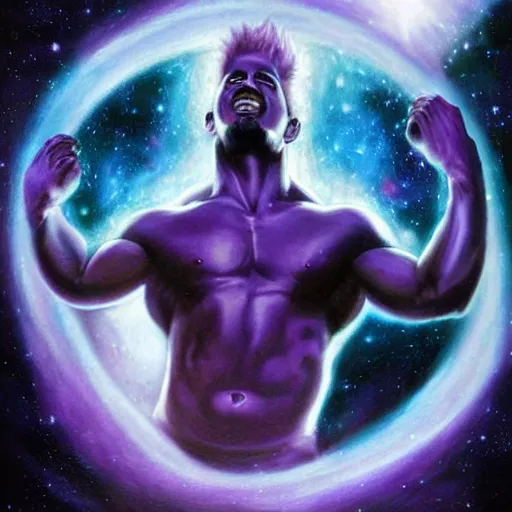 Prompt: detailed realistic painting of a man with well defined muscles made of purple space dust wielding a dark purple cosmic orb in each hand, planetary rings orbit his wrists and he has long flowing purple hair obscuring his face made of deep purple stardust, bright white lens flare peeking through his hair where his eye would be, staring at viewer