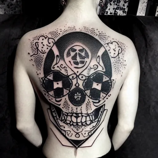 Image similar to tattoo design, stencil, tattoo stencil, traditional, a world famous tattoo of a geometric skull with a galaxy coming out of the top of its head-s 100