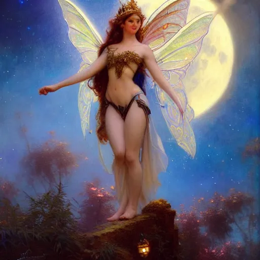 Image similar to attractive fairy queen fly high in the night, fantasy, full moon in background. hyper detailed painting by gaston bussiere, craig mullins, j. c. leyendecker, mid shot, 8 k, cryengone, cinematic lighting, beautiful,