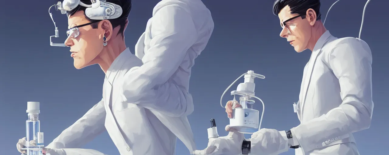 Image similar to stoic heroic emotionless butch young man scientist with short slicked - back hair, making an experiment - wearing white suit, wearing jetpack, digital art, solid white background, behance hd by jesper ejsing, by rhads, makoto shinkai and lois van baarle, ilya kuvshinov, rossdraws global illumination.