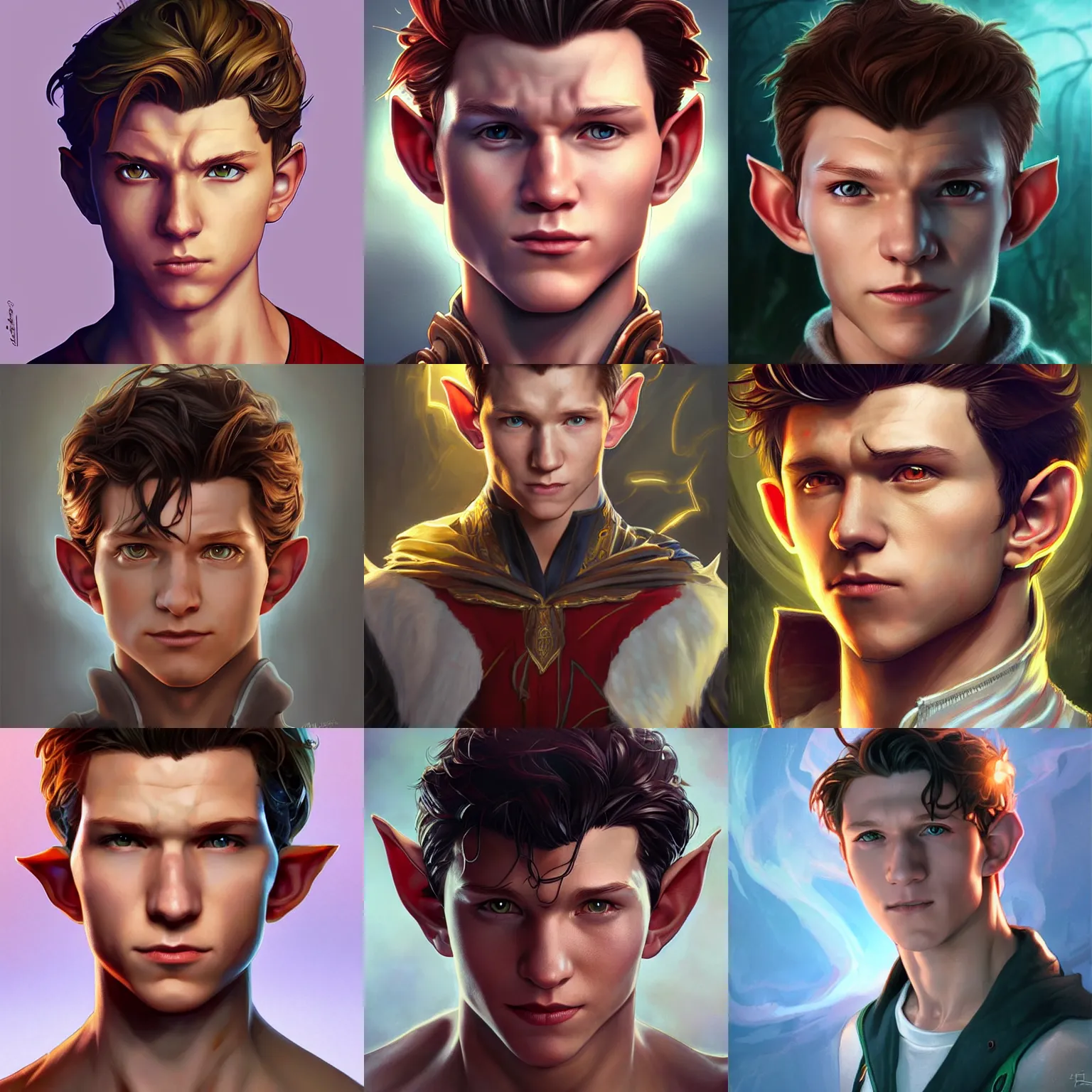 Prompt: character concept portrait, head-on centralized, elf Tom Holland. Detailed, high quality, dynamic lightning, fantasy. Artwork by artgerm, WLOP, alex ross, greg rutknowski, Alphonse Mucha