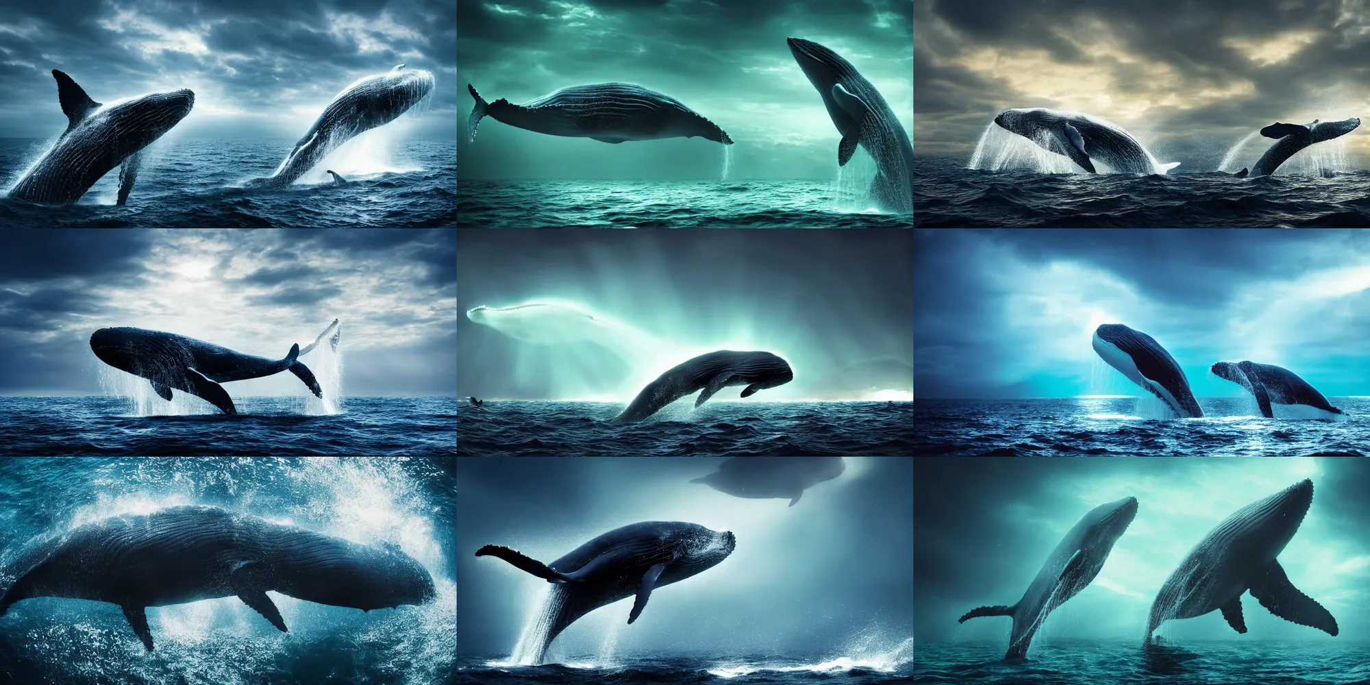 Prompt: a huge whale with bioluminescent skin is swimming in the ocean, underwater, epic, cinematic shot, volumetric light, atmosphere, high definition