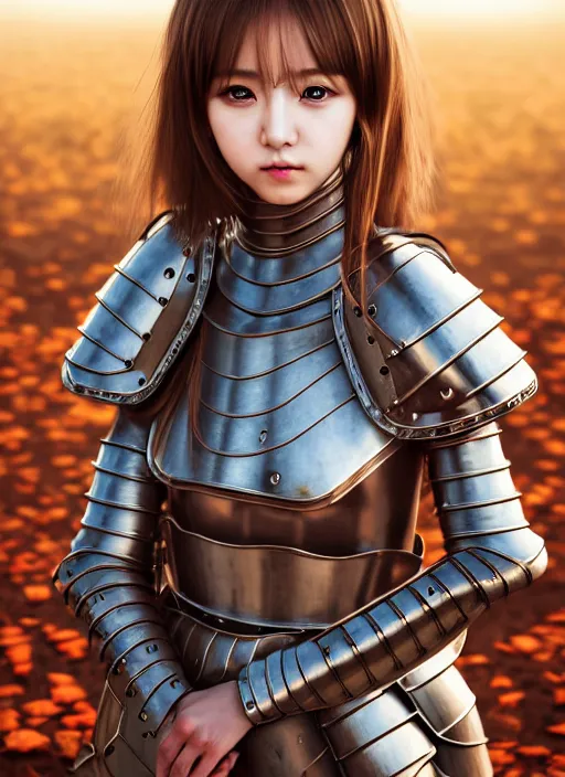 Prompt: a masterpiece hyperrealistic ultradetailed fullbody photograph of a lifelike real human anime girl wearing medieval plate armor, during autumn, cute, k - pop, rough skin pores texture, desaturated, photoreal image, made by wlop, photoreal, overrendered, blender, unreal engine, extremely detailed, trending on artstation, sharp focus, 4 k