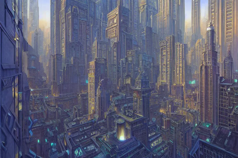 Image similar to beautiful painting of an art deco city, glowing windows. reflective detailed textures, elaborate geometric ornament and brushed steel, highly detailed dark fantasy science fiction painting by donato giancola and peter mohrbacher and nicholas roerich and diego rivera, silver and cool colors. artstation