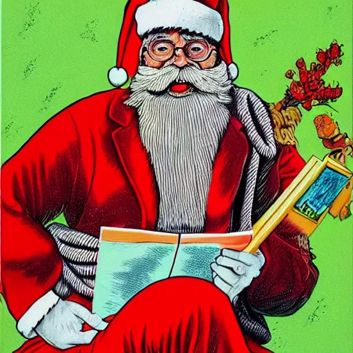 Image similar to The Artwork of R. Crumb and his Cheap Suit Santa Claus tells you to be good , pencil and colored marker artwork, trailer-trash lifestyle