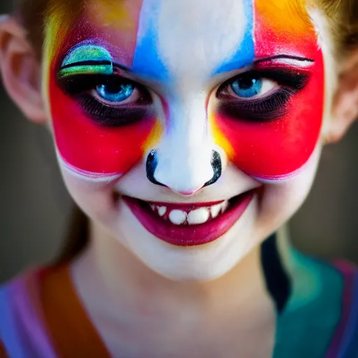 Prompt: a portrait of a abstract girl who has face - painting like a clown smiling creepily. depth of field. lens flare