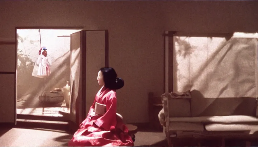 Image similar to a filmstill of a woman in a hanbok sitting on a couch, traditional korean interior, kaiju starfish shadow behind a screen door, cinematography by Akira Kurosawa