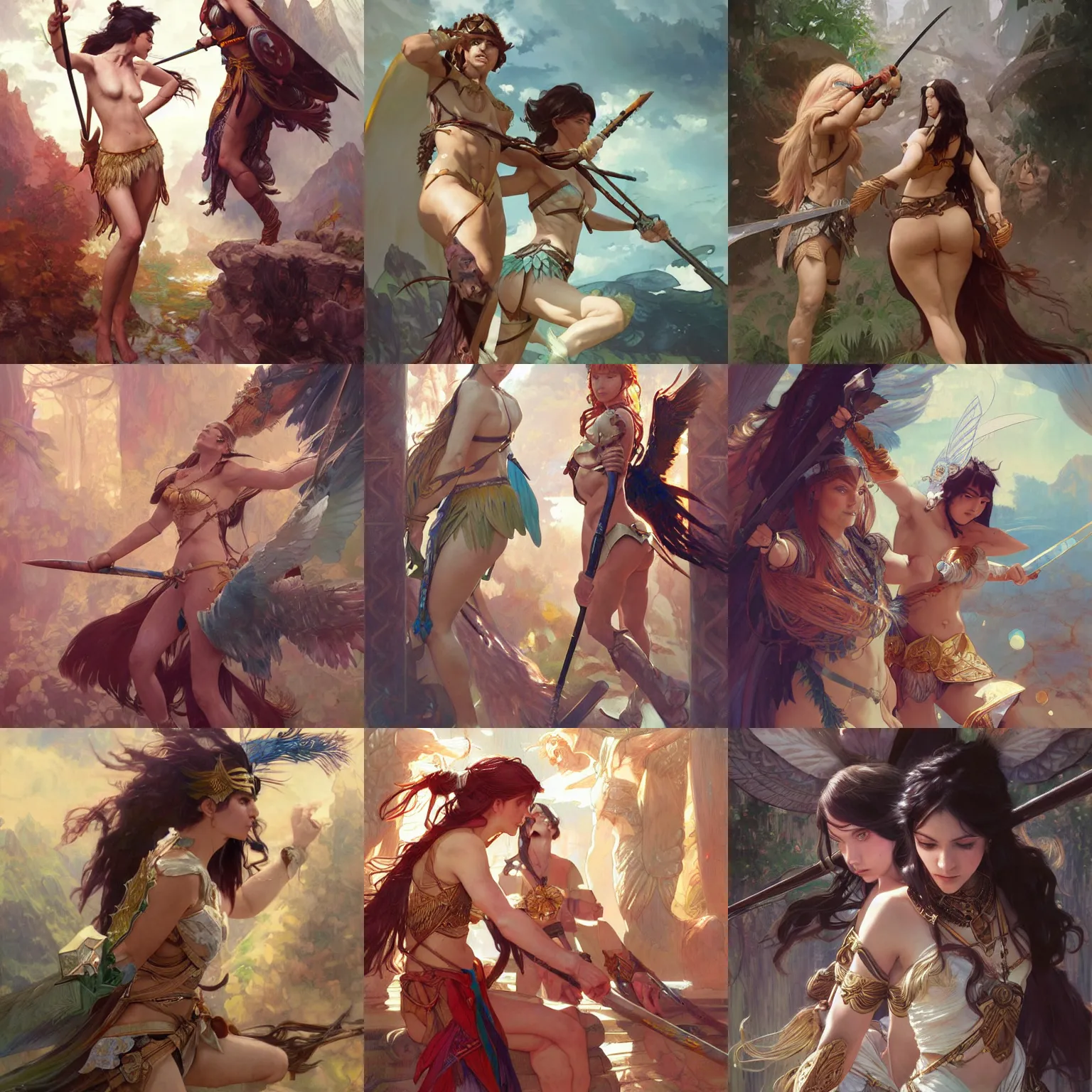 Prompt: Duel between an Amazon and a Valkyrie, fantasy, detailed, digital painting, artstation, pixiv, Krenz Cushart, WLOP, Artgerm, Alphonse Mucha