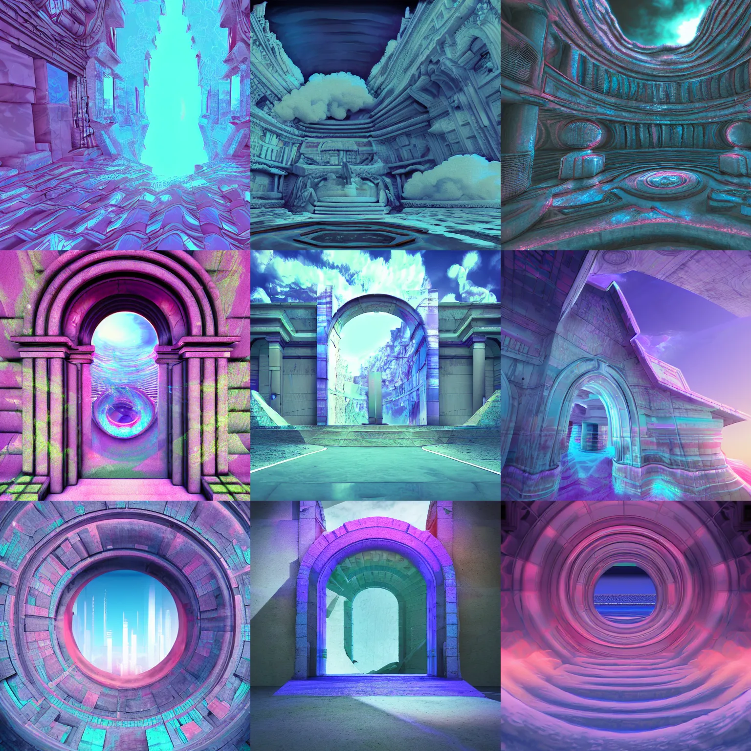 Prompt: a portal to another blender render vaporwave dimension in the tumultuous subconscious scenery architecture , detailed digital art