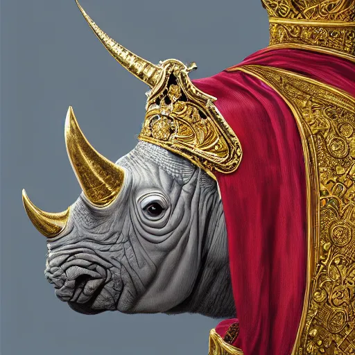 Image similar to detailed photorealistic painting of a one horned rhino wearing a highly detailed ornamented gold crown with diamonds, in a medieval knight armor with red cape , holding a chess piece, sharp focus in the style of ruan jia, Mandy jurgens, cinematic light, concept art, trending on artstation, ultra realistic