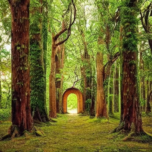 Image similar to A beautiful forest with doors leading into another dimension