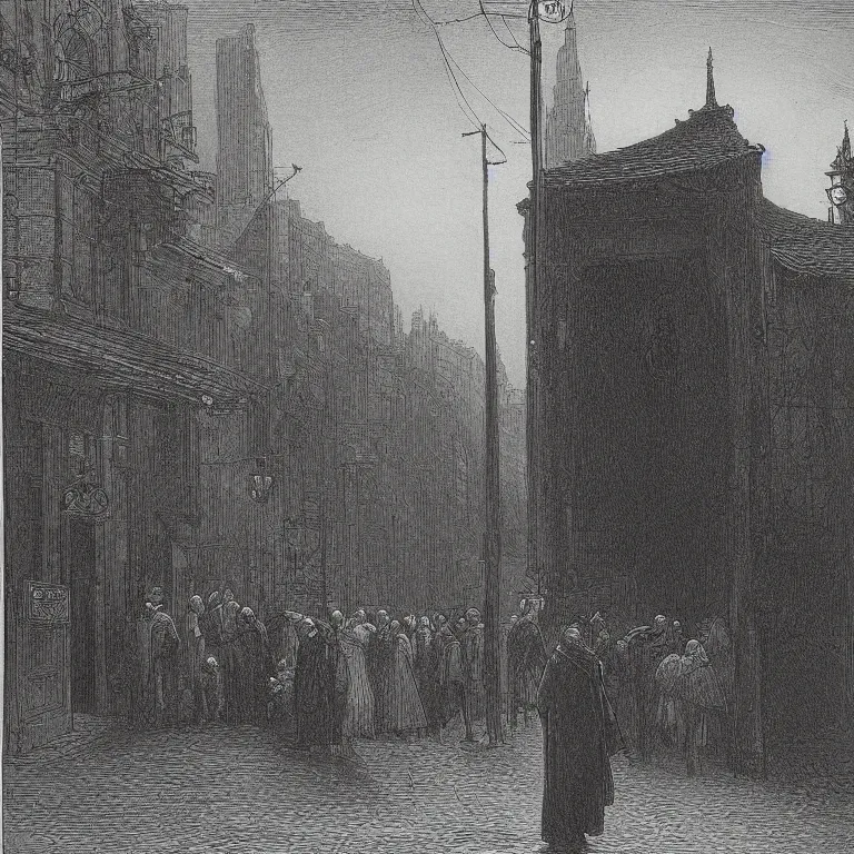 Prompt: some people waiting in a lone bus stop in qiet dark city, by Gustave Doré