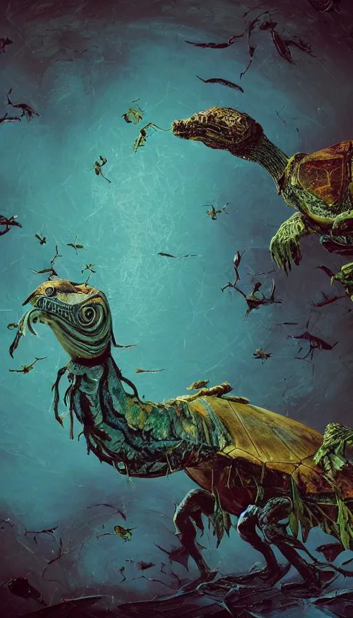 Prompt: a strange bird turtle giraffe chimera creature with scales feathers fins tusks with other monsters on a lush fertile alien planet, fractal, in the style of shaun tan, sam shearon, dr seuss, leng jun, max ernst, patrick woodroffe, close up, bizarre, fantastic, science fiction, underwater, dramatic studio lighting, atmospheric, 3 d sculpture 8 k octane render