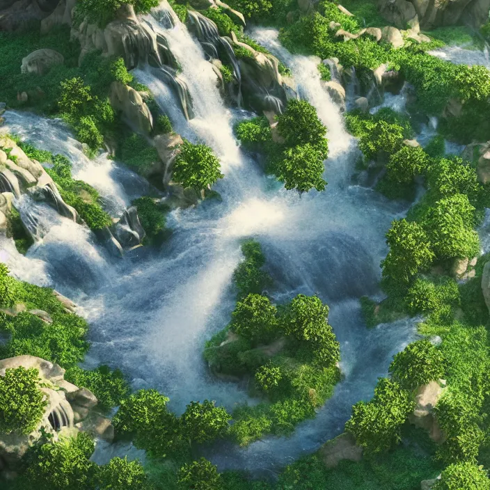 Prompt: an epic makoto shinkai landscape with a waterfall, spirals, aerial view, ultra smooth, octane render