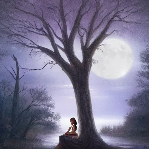 Prompt: a girl sits on the roots of an ancient tree looking at a pond surrounded by a dark towering forest at midnight, the moon can be glimpsed through the trees, everything is veiled by fog, dark fantasy, night time, realistic painting