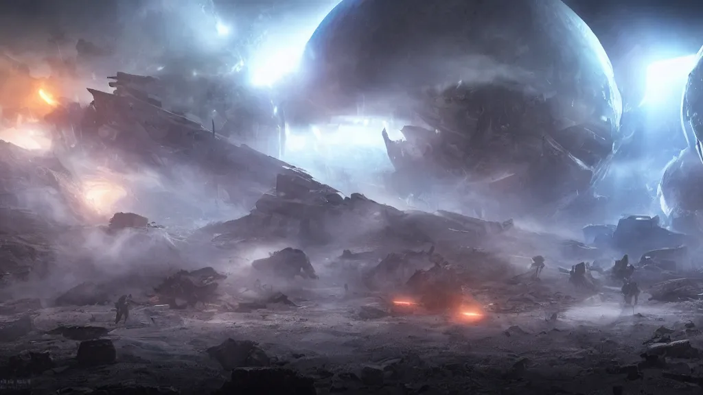 Image similar to an epic battle between two alien civilizations over a destroyed earth, scifi post apocalyptic scene with volumetric fog, cinematic lighting