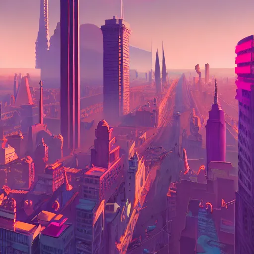 Image similar to victorian city over the clouds, octane render, unreal engine, neon signs everywhere, very nice pastel colors, lights and shadows, glowing hot sun, very coherent, Houdini algorithmic generative art, painted by Edward Hopper, Wayne Barlowe, painted by James Gilleard, airbrush, art by JamesJean