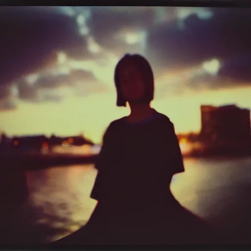 Prompt: instant photograph of a young person, polaroid, raw, beautiful, nostalgic, light leak, sunset, clouds, city