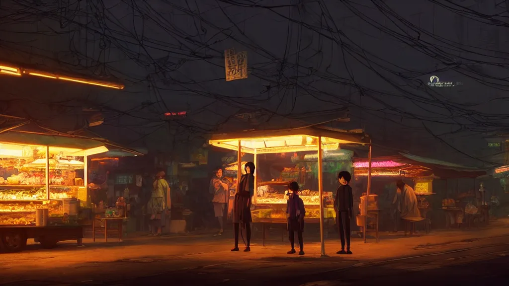 Image similar to twilight lighting, moody, atmospheric, solarpunk, taho vendor, in davao city, by ghibli studio and victor ngai, ghost in the shell, akira, pixar highly detailed, 8 k