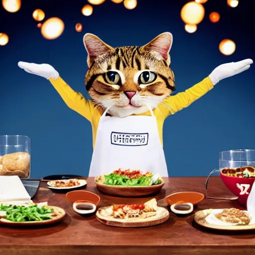 Image similar to anthropomorphic cats chef competing at the Masterchef TV show, studio shot