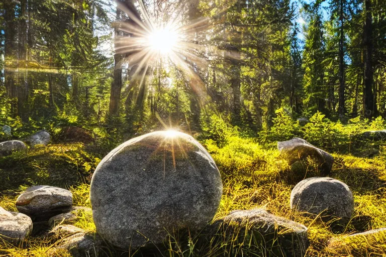 Image similar to Rocks in the middle of an evergreen forest with a ray of sunshine, photograph, professional photography