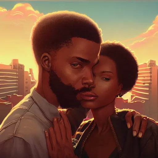 Image similar to highly detailed portrait of a black couple on the rooftop, synthwave city, stephen bliss, unreal engine, fantasy art by greg rutkowski, loish, rhads, ferdinand knab, makoto shinkai and lois van baarle, ilya kuvshinov, rossdraws, tom bagshaw, global illumination, radiant light, detailed and intricate environment