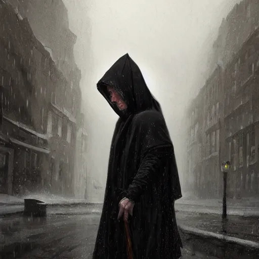 Image similar to epic portrait an depressed hooded man wearing a black jumper and holding an umbrella during rain, depressing, sad, digital painting, artstation, concept art, soft light, hdri, smooth, sharp focus, illustration, fantasy, intricate, elegant, highly detailed, D&D, matte painting, in the style of Greg Rutkowski and Alphonse Mucha and artemisia, 8k, highly detailed, jurgens, rutkowski, bouguereau, pastoral, rustic, georgic, detailed concept art, illustration, colorful pastel, painting, detail, ultra detailed, digital art, 4K,