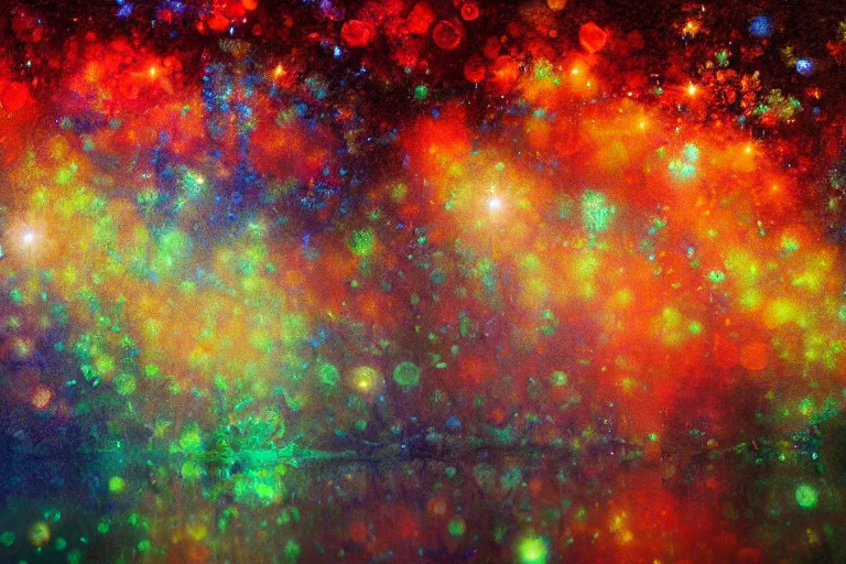 Prompt: Beautiful impressionistic painting, of fractal cosmic lights, water reflection, intricate details, high quality, 8k, wide lens atmospheric photo, color grading !dream