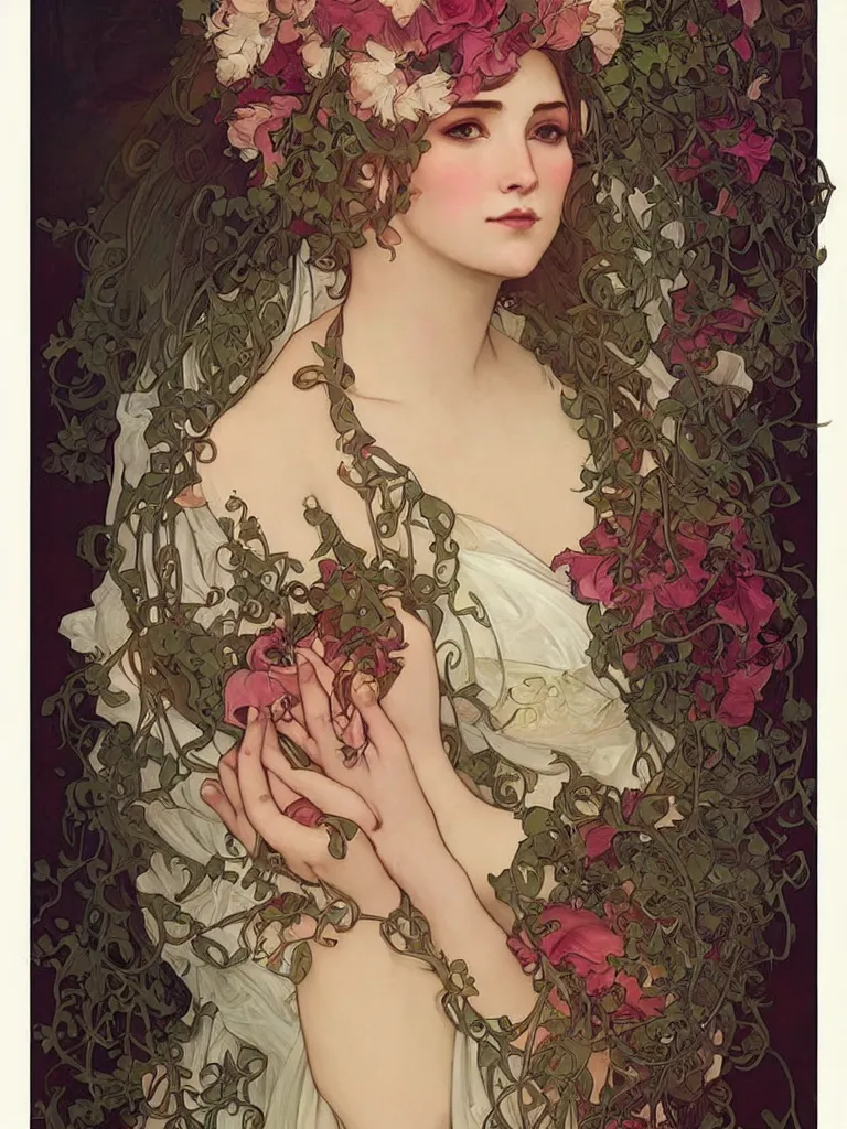 Prompt: sensual woman, wrapped in flowers, art by Charlie Bowater, Alphonse Mucha