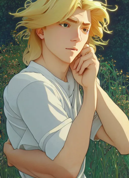 Prompt: pretty young man with shoulder length shiny shimmering golden blond hair, path traced, highly detailed, high quality, digital painting, by studio ghibli and alphonse mucha, leesha hannigan, makoto shinkai, disney