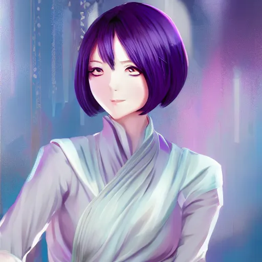 Image similar to gorgeous anime woman portrait, purple hair, cheongsam dress, clear clean face, face by ilya kushinov, avetetsuya studios, alexandra fomina artstation, by makoto shinkai, digital 2 d, painterly style, cinematic matte illustration, clean composition, character design, ufotable, vofan