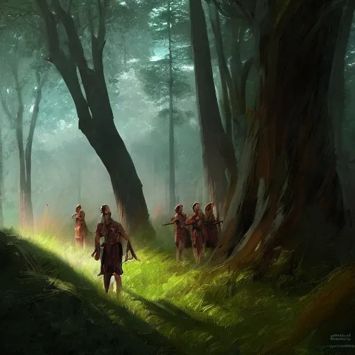 Prompt: picts peeking out from behind trees at night watching roman soldiers march through the forest, 4 k, concept art, by wlop, ilya kuvshinov, artgerm, krenz cushart, greg rutkowski, pixiv. cinematic dramatic atmosphere, sharp focus, volumetric lighting, cinematic lighting, studio quality