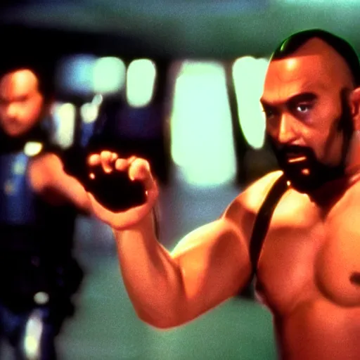 Image similar to Film still of 'Los Angeles Vice Squad' (1990). Epic kung-fu villian scene. Sigma 85mm f/8