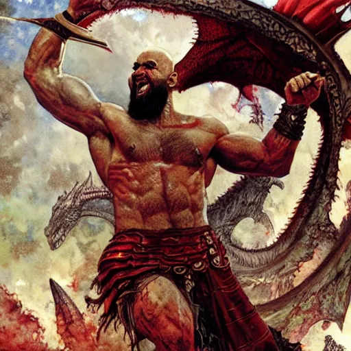 Prompt: a detailed rendition of kratos as lebron james riding a gigantic fire breathing dragon, art by norman rockwell